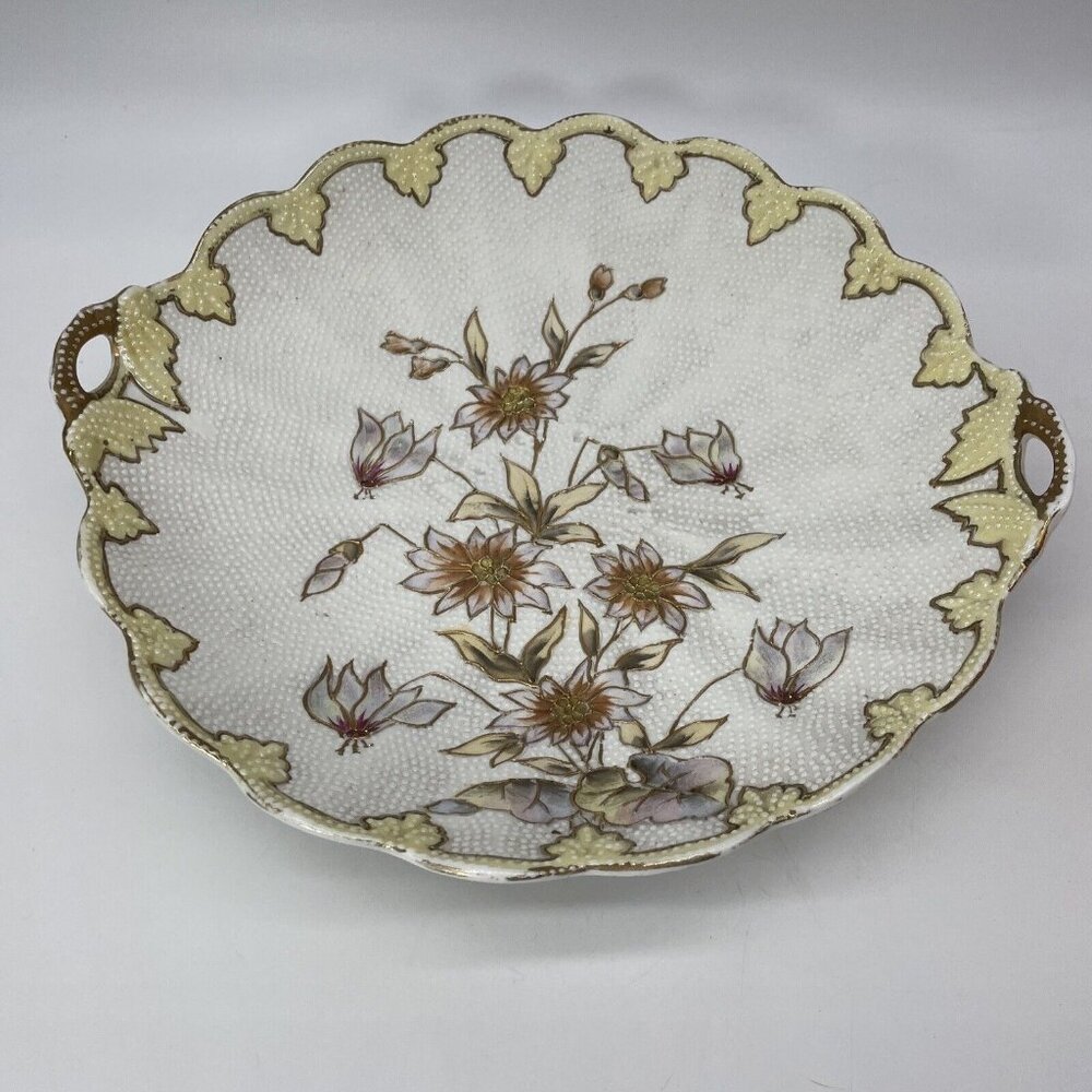 R S Prussia German Cir 1885-1900 Handled Cake Plate Bowl 11” Beaded Floral PICS